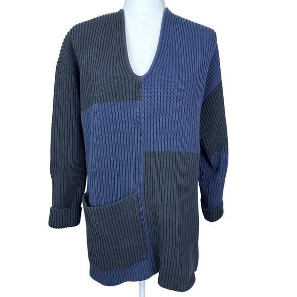 Vintage St. John Women's Navy/Black V Neck Drop Shoulders Sweater Cotton Blend - Picture 1 of 9